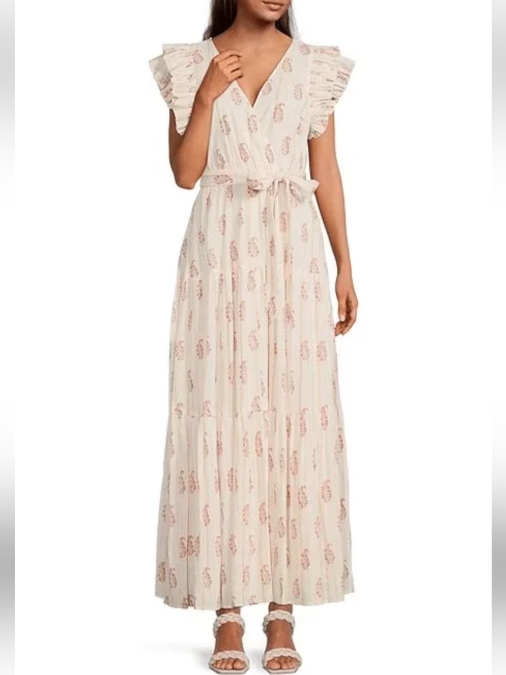 A Loves A XS White Printed Surplice Neck Ruffle Sleeve Belted A-Line Maxi Dress